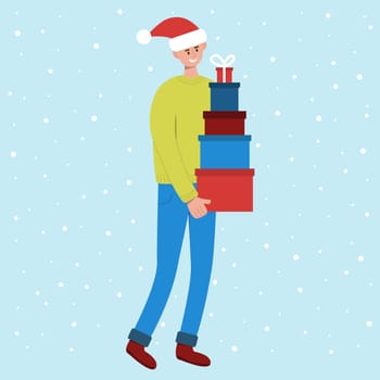 Smiling man in santa hat carrying tall stack of colored gift boxes. Preparing for Christmas and New Year celebration. Vector illustration in flat style.