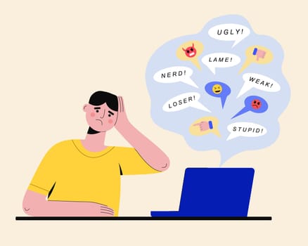 Cyberbullying concept. Sad man reading messages at laptop and getting insulted online. Vector flat illustration.