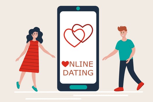 Online dating, long distance relationships, virtual love concept. Couple meeting near smartphone using mobile app for dating. Vector illustration in flat style,