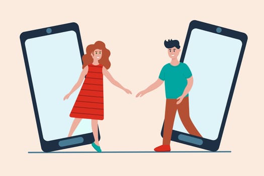 Online dating app concept. Man and woman meeting in social network. Virtual love, long distance relationship. Vector illustration in flat style.