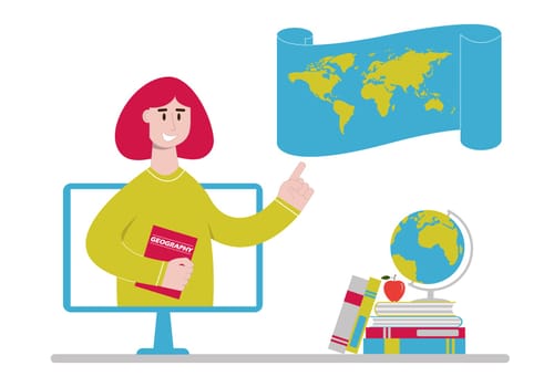 Online geography teacher with world map on computer monitor. Remote learning lesson or webinar. Distance education, homeschooling concept. Vector illustration in flat style.