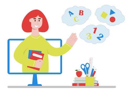 Online teacher of primary elementary school on computer monitor with letters, numbers, shapes. Distance education, remote lessons and homeschooling concept. Vector illustration in flat style.