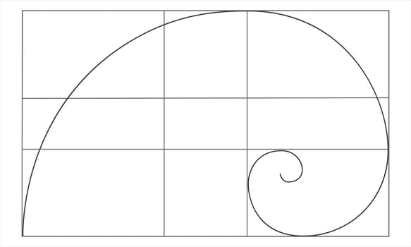 Golden ratio sign. Logarithmic spiral in rectangle. Fibonacci Sequence. Nautilus shell shape. Perfect nature symmetry proportions template for photography. Vector graphic illustration