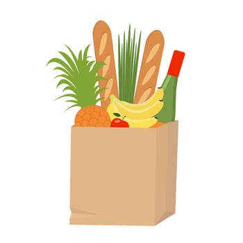 Food in paper bag. Grocery shopping. Fresh food delivery. Recycle paper package. Vector flat illustration.