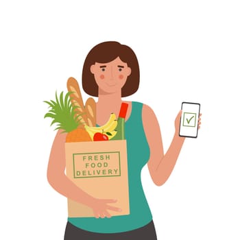 Online food ordering concept. Woman using mobile app to order fresh food delivery. She holding grocery paper bag with fruits, vegetables, wine and bread. Vector flat illustration.