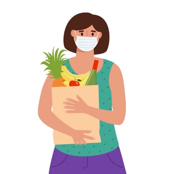 Woman in medical protective mask holding grocery bag with food. Shopping during pandemic concept. Vector flat illustration.