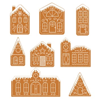 Set of isolated gingerbread houses. Traditional Christmas cookies. Vector flat illustration.