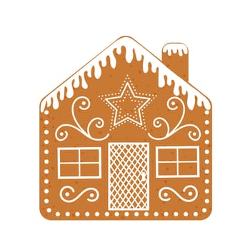 Iced gingerbread house with chimney. Traditional Christmas cookie isolated on white background. Vector flat illustration.