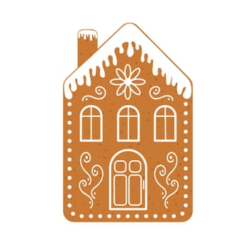 Gingerbread house with chimney, Christmas cookie, isolated on white background. Vector flat illustration.