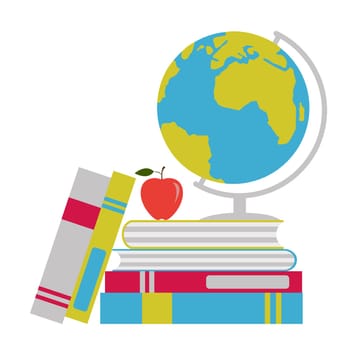 Globe Earth model, stack of books and apple. Back to school concept. Vector illustration in flat style.