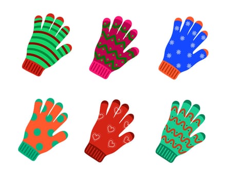 Set of colorful knitted winter gloves. Vector flat illustration.