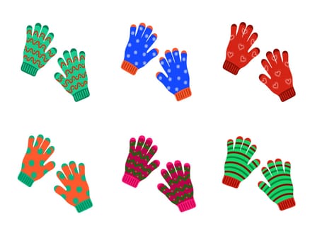 Set of knitted warm winter pairs of gloves with various patterns. Vector flat illustration.