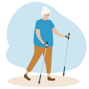 Senior woman nordic walking. Old lady doing exercises. Outdoor activities and healthy lifestyle for eldery people. Vector flat cartoon illustration.