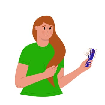 Sad woman holding comb with falling out hair. Hair loss and fall, alopecia, baldness problem. Vector flat illustration.