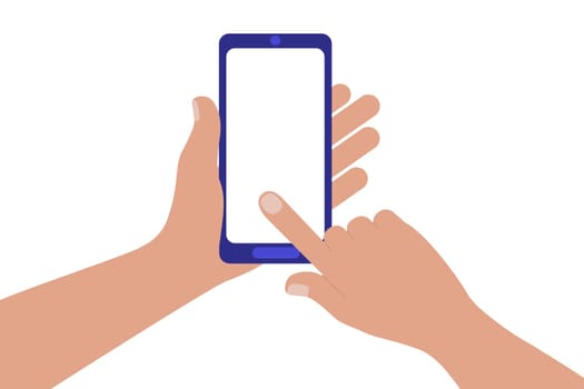 Hand holding mobile phone and forefinger touching empty white screen. Screen with space for text or image. Vector illustration n flat style.