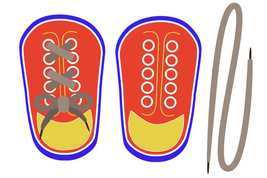 Lacing threading toy shoes. Montessori toys for early kids education. Learning to tie shoes and fine motor skills. Vector illustration in flat style.