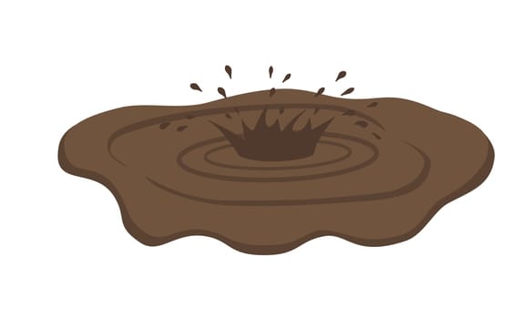 Puddle of mud with splash. Dirty brown stain on white background. Vector illustration in flat cartoon style.