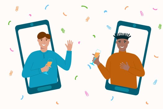 Online home party concept. Two men on smartphones screens celebrating, communicating, drinking. Friends using video app for meeting. Vector illustration.