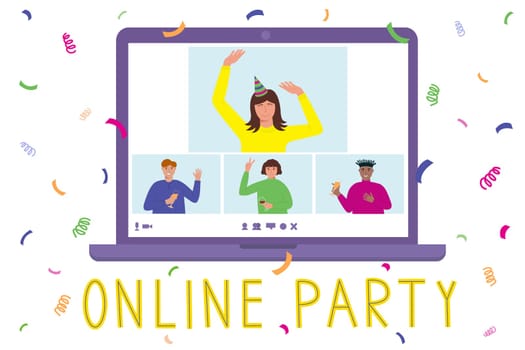 Online home party concept. Men and women on laptop screen celebrating birthday, communicating, drinking. Web video conference, remote friends meeting. Confetti background. Vector flat illustration.