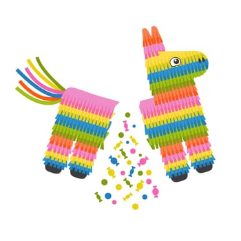 Broken pinata donkey for birthday party. Sweets and candy pour out from toy. Vector illustration in flat style.