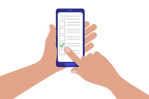 Concept of online questionnaire, quiz, survey. Hand holding mobile phone, forefinger touching vertical screen and marking option. Vector illustration in flat style.