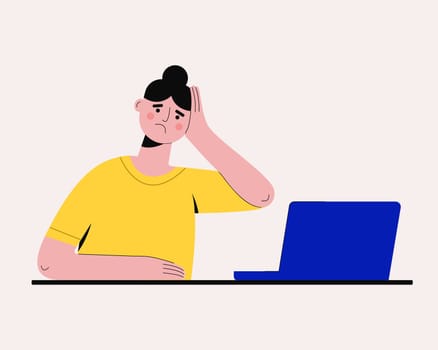 Tired sad woman working on laptop. Stress because of computer problems, professional burnout, office or freelance overworking, bad online news. Vector illustration.