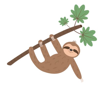 Funny sloth hanging on tree branch. Cartoon animal character. Vector illustration.