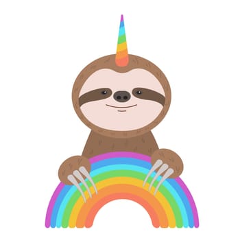 Funny cute sloth with unicorn horn catch the rainbow arc. Vector illustration for creative children design, cards, posters.