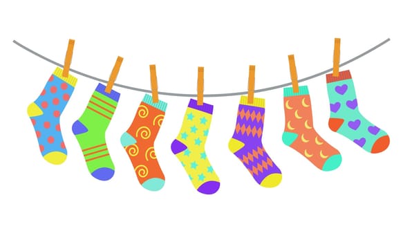 Set of colorful bright children socks drying on the clothesline. Vector illustration in flat style.