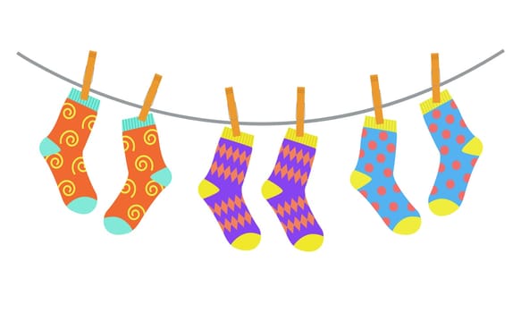 Set of colorful bright children socks drying on the clothesline. Vector illustration in flat style.