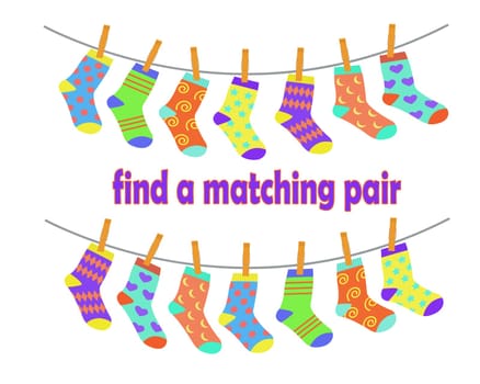 Find a pair of matching socks. Children education logic game. Vector illustration in flat cartoon style.