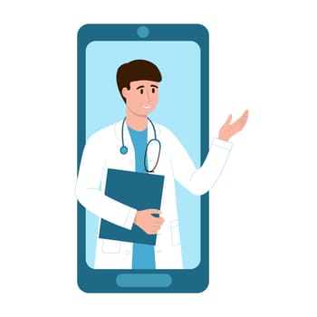 Online doctor, internet medical service concept. Male therapist give medical advice in smartphone app. Telemedicine, telehealth, online healthcare consultation. Vector flat illustration.