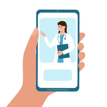 Hand holding mobile phone with online doctor service. Therapist give consultation to patient from smartphone screen. Telemedicine, telehealth concept. Vector flat illustration.