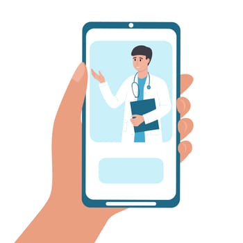 Hand holding smartphone with online doctor mobile app. Medical consultant give advice to patient on phone screen. Telemedicine concept. Internet-based health service. Vector flat illustration.