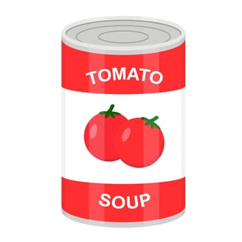 Tin can with canned tomato soup. Vector flat illustration.