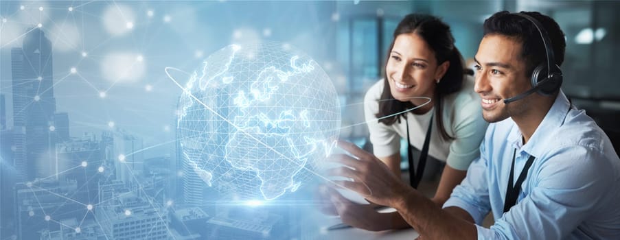 Coaching, overlay or consulting team in a call center helping, talking or networking online in training. Global hologram, woman or happy agents in communication at customer services or sales support.