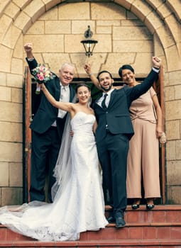 Wedding, bride and groom with parents on stairs, church and happiness at excited celebration. Marriage, couple and celebrate with flowers, portrait and happy family for love with mom, dad and outdoor.