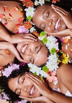 Black woman, flowers and face skincare beauty for cosmetics makeup or natural skin wellness. African friends, floral crown and nature product for luxury plant aesthetic or relax, zen and facial care.