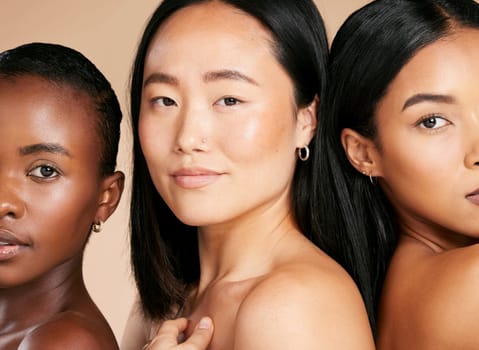 Diversity, women and skincare, portrait of beauty models empowerment and focus on studio background. Health, wellness and luxury cosmetics, healthy skin care and beautiful people with natural makeup