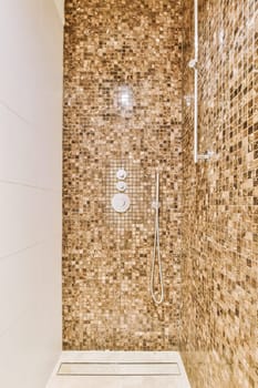 a walk in shower with brown and white tiles on the wall behind it is a glass door that leads to a toilet