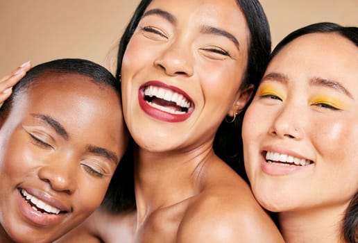 Diversity, beauty and women, face and happy with skincare, natural cosmetics and eye makeup isolated on studio background. Cosmetic glow, different skin color and wellness, dermatology and portrait.