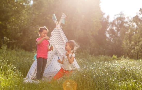 Adorable little girls having fun playing outdoors on summer day.