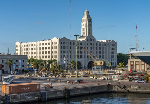 Montevideo, Uruguay - 5 February 2023: National Customs Adminstration building in cruise ship terminal