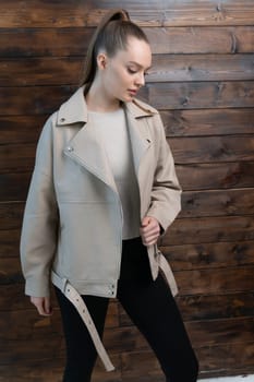 model female woman stylish style beauty beige young portrait jacket fashion leather