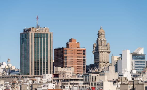 Montevideo, Uruguay - 5 February 2023: Downtown skyline including the famous Salvo Palace building