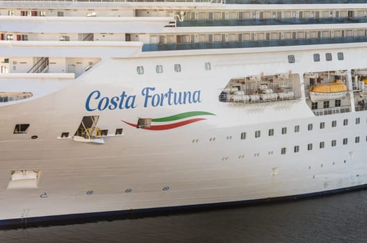 Montevideo, Uruguay - 5 February 2023: Detail of Costa Fortuna cruise ship docked in the harbor