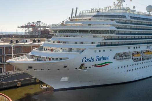 Montevideo, Uruguay - 5 February 2023: Detail of Costa Fortuna cruise ship docked in the harbor