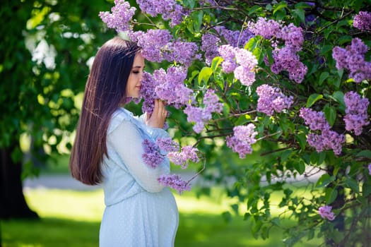 a brunette girl in a light blue dress, sniffs lilac flowers in the garden, in sunny day. Close up. copy space