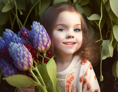 Beautiful young girl with a bunch of spring flowers, Women's day, Mother's day greeting card. High quality photo