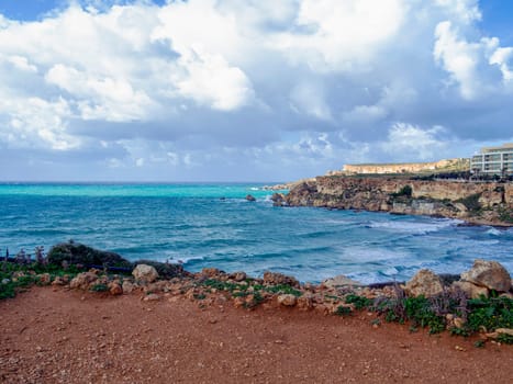 Golden Bay beach, Maltese islands. landscape. windy cloudy weather